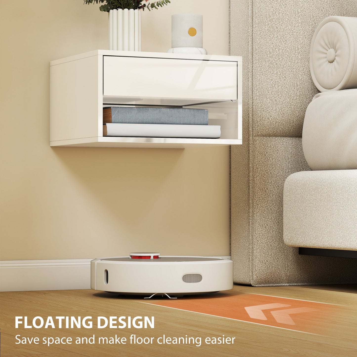 HOMCOM Set of Two Floating Bedside Tables, Wall Mounted Nightstand with Drawer and Open Shelf, High Gloss White