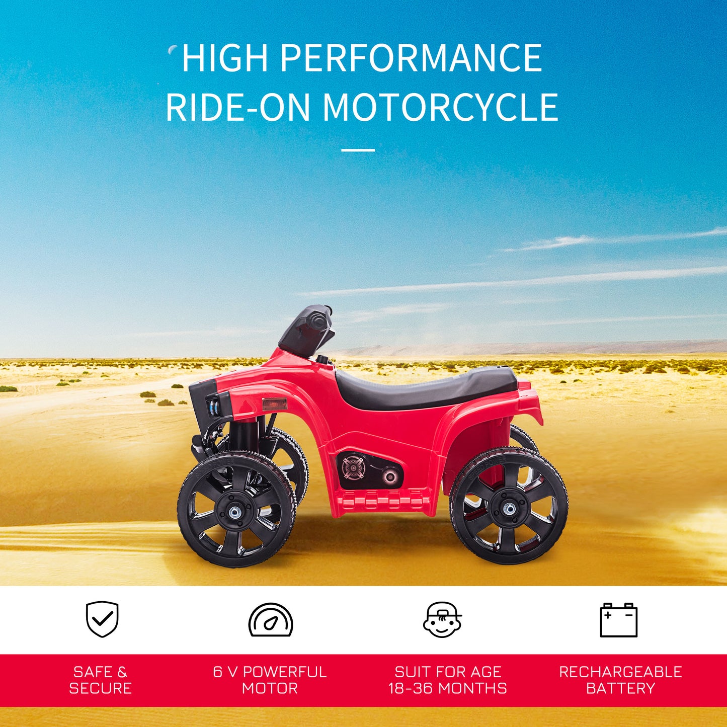 HOMCOM 6V Kids Electric Ride on Car, ATV Toy, Quad Bike with Headlights, Horn, for Toddlers 18-36 Months Red