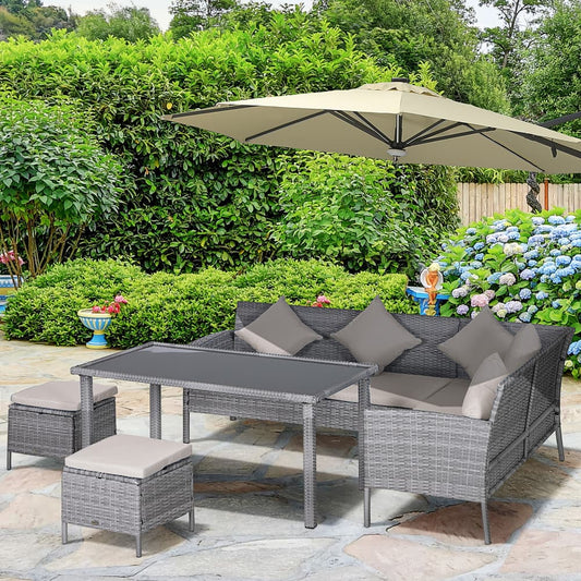 Outsunny 6-Seater Rattan Dining Set Sofa Table Footstool in Beige