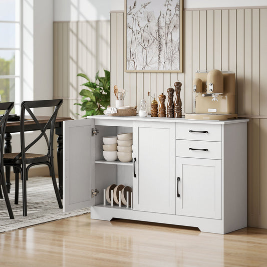 The storage cabinet placed in a dining room with one cupboard door open showing shelves