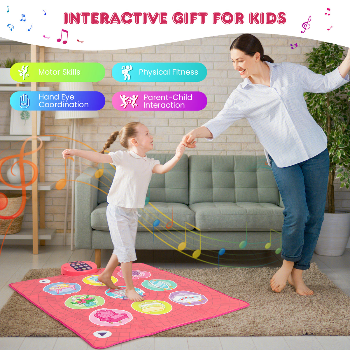 Dance Pad Game Toy, a mother and child dancing on the musical instrument, highlighted as an interactive gift for kids