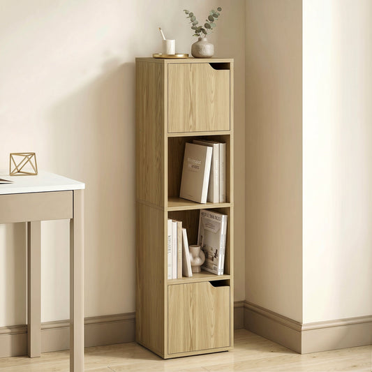 The wooden bookshelf standing in a corner of a room filled with books and decorative items