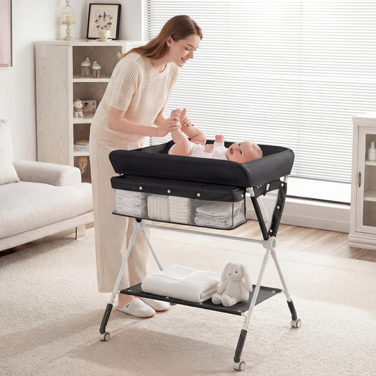 A woman changing a baby on the changing table in a nursery room
