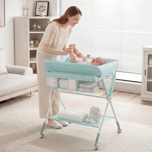 A woman changing a baby on the changing table in a nursery