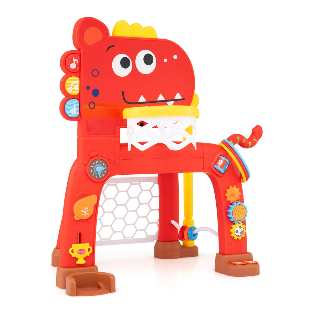 Close-up of the red dinosaur activity centre showing musical notes and gears
