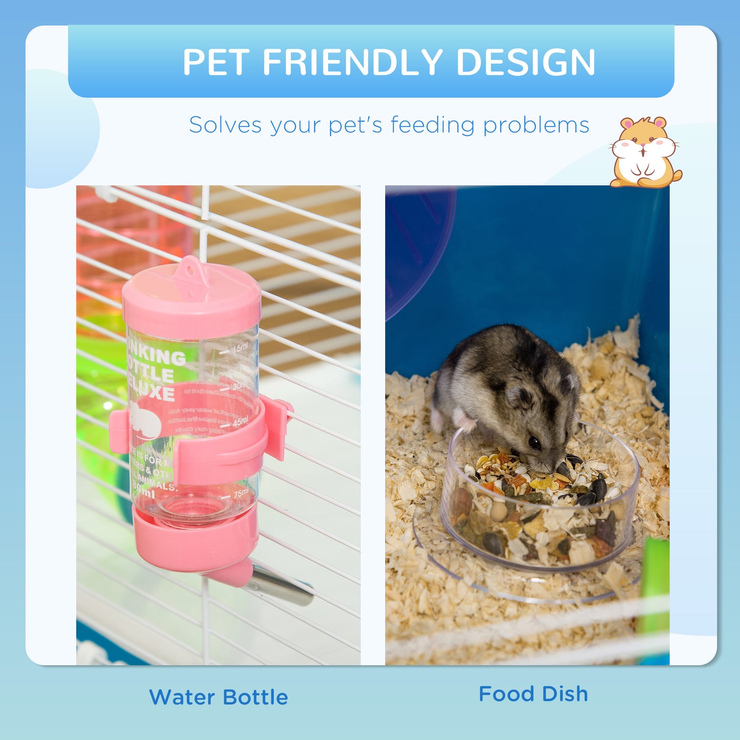 PawHut 5 Tier Hamster Cage, Gerbil Cage with Tube, Water Bottle, Exercise Wheel, Food Dish, 59L x 36W x 69H cm - Blue