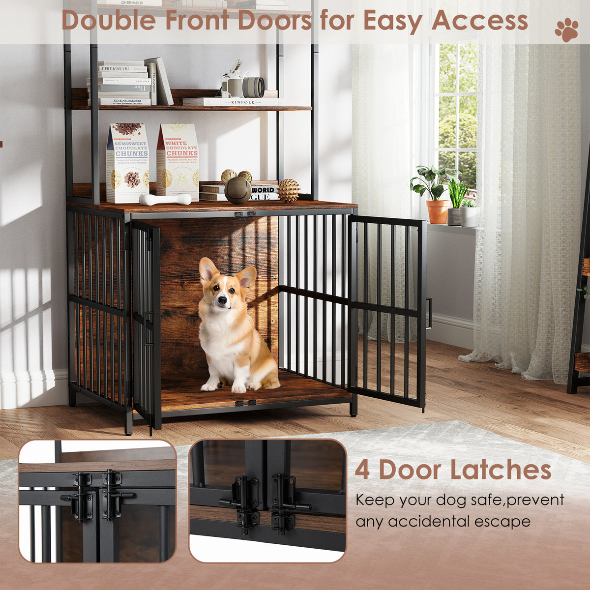 The dog supplies unit with double doors open and a close up of the secure door latches
