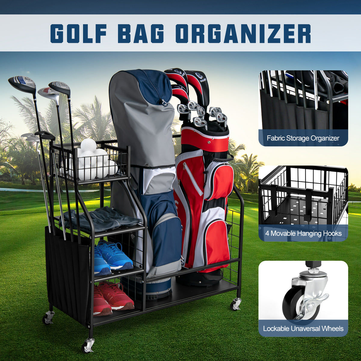 The golf storage unit with zoomed-in details of the fabric organiser, hooks and wheels