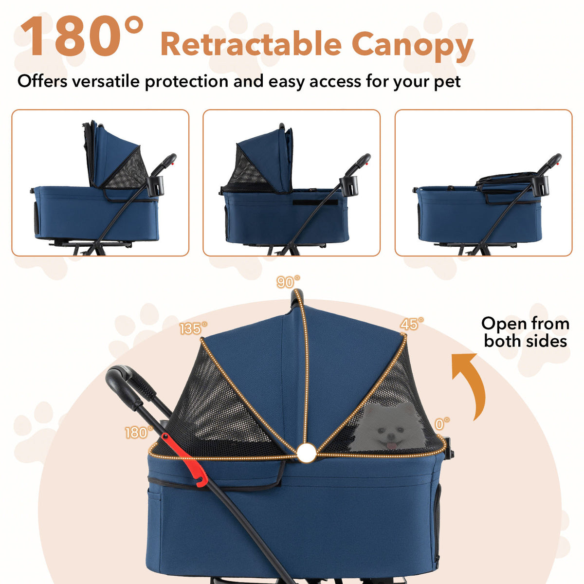 Close up of the blue double pet stroller canopy, showing it retracting to different angles