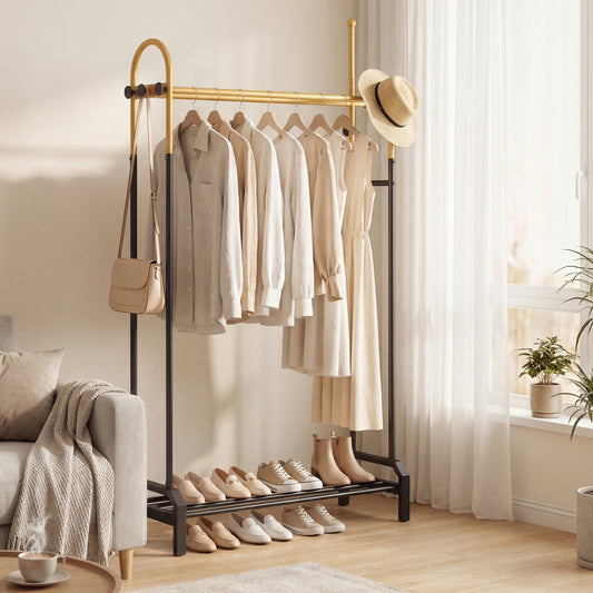 The freestanding clothing rack is shown in a living room with clothes and shoes displayed