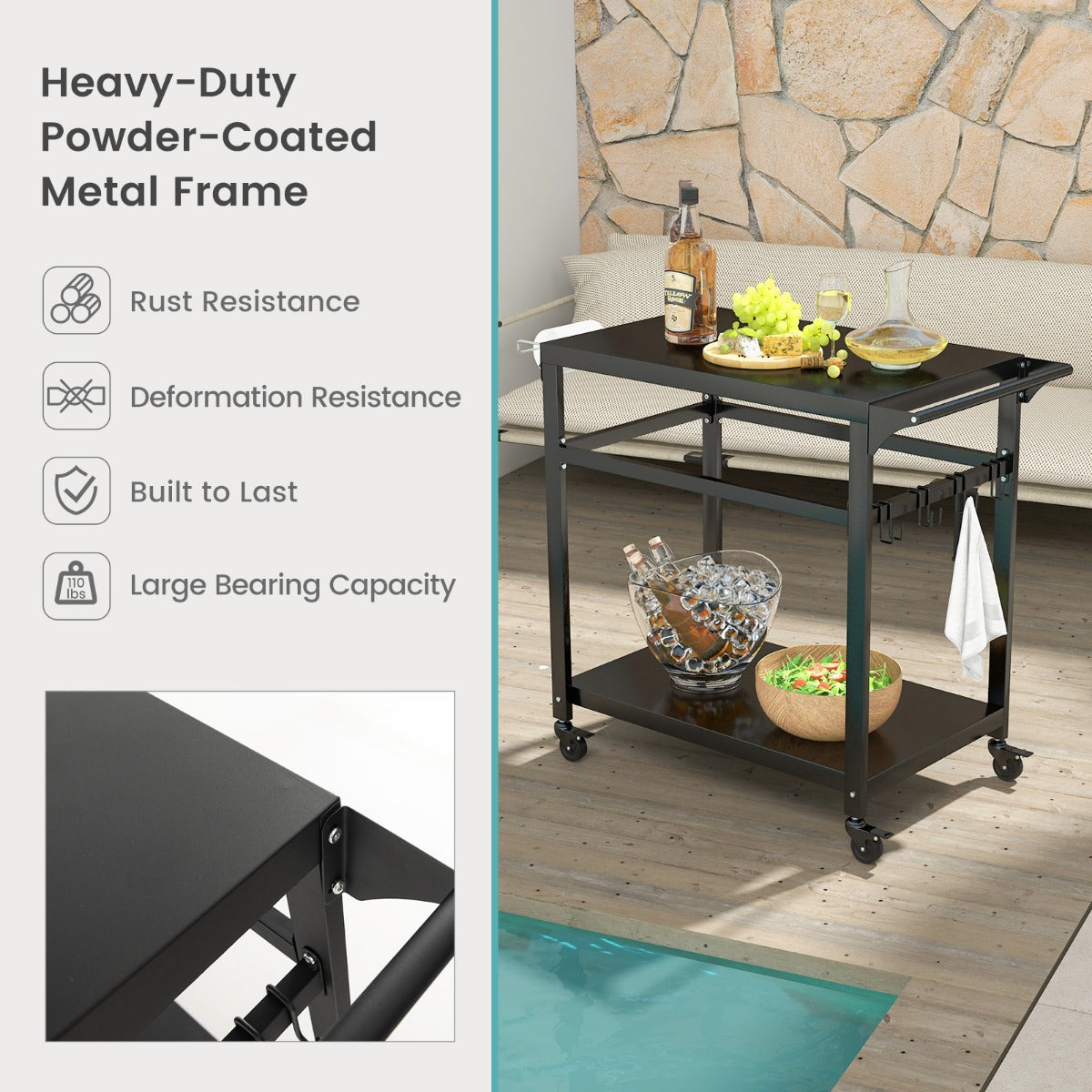 The metal utility cart next to a swimming pool with text about its frame quality
