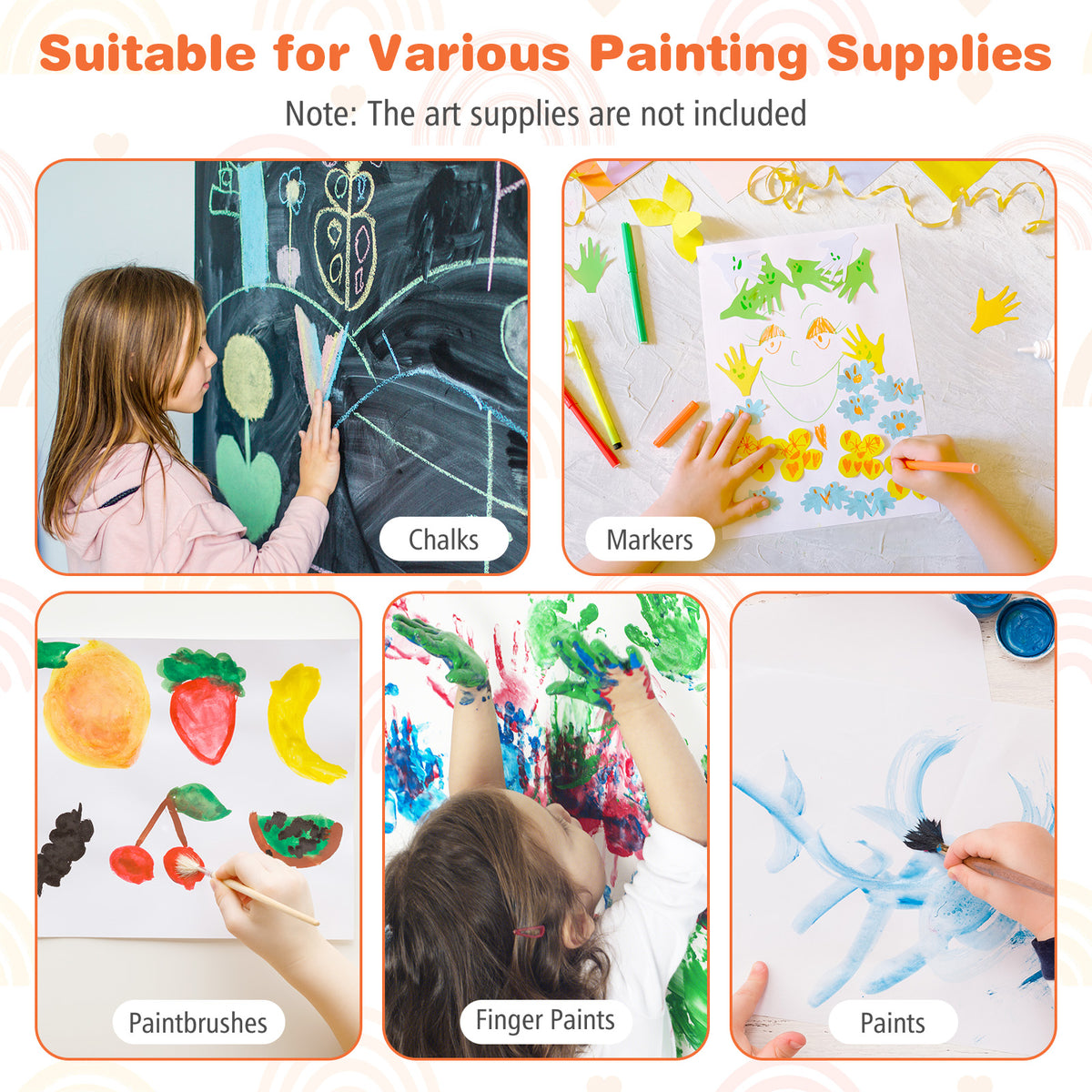 The art easel used with various painting supplies like chalks markers and brushes