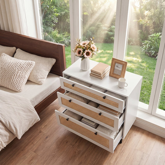 The white chest of drawers placed next to a bed with all three drawers pulled open