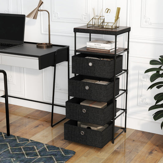 Black metal frame dresser with four fabric drawers shown in a home office setting next to a desk