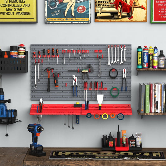The tool organisation system mounted on a wall with various hand tools hanging from the hooks