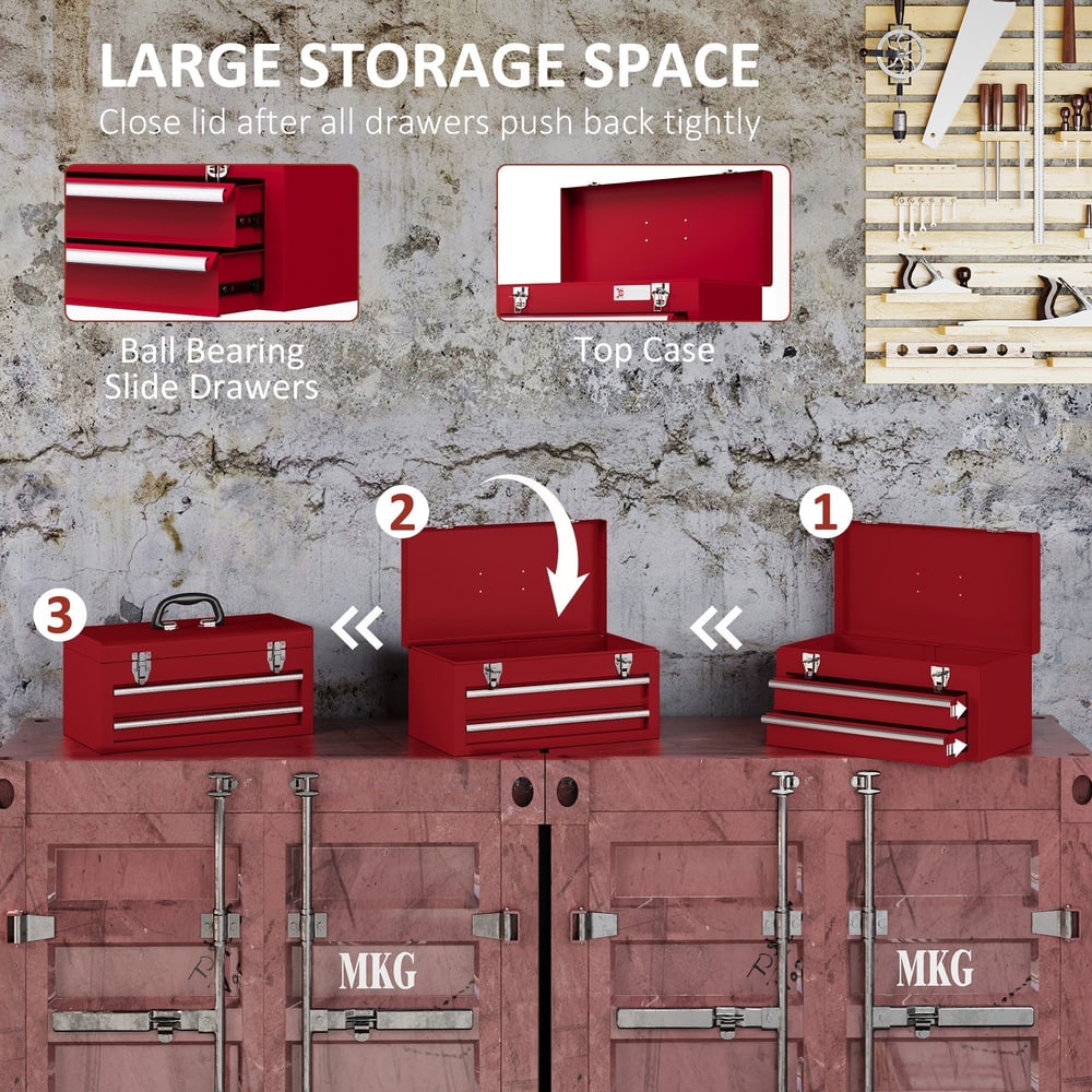 Sequence showing how to open and close the red metal tool box and its drawers