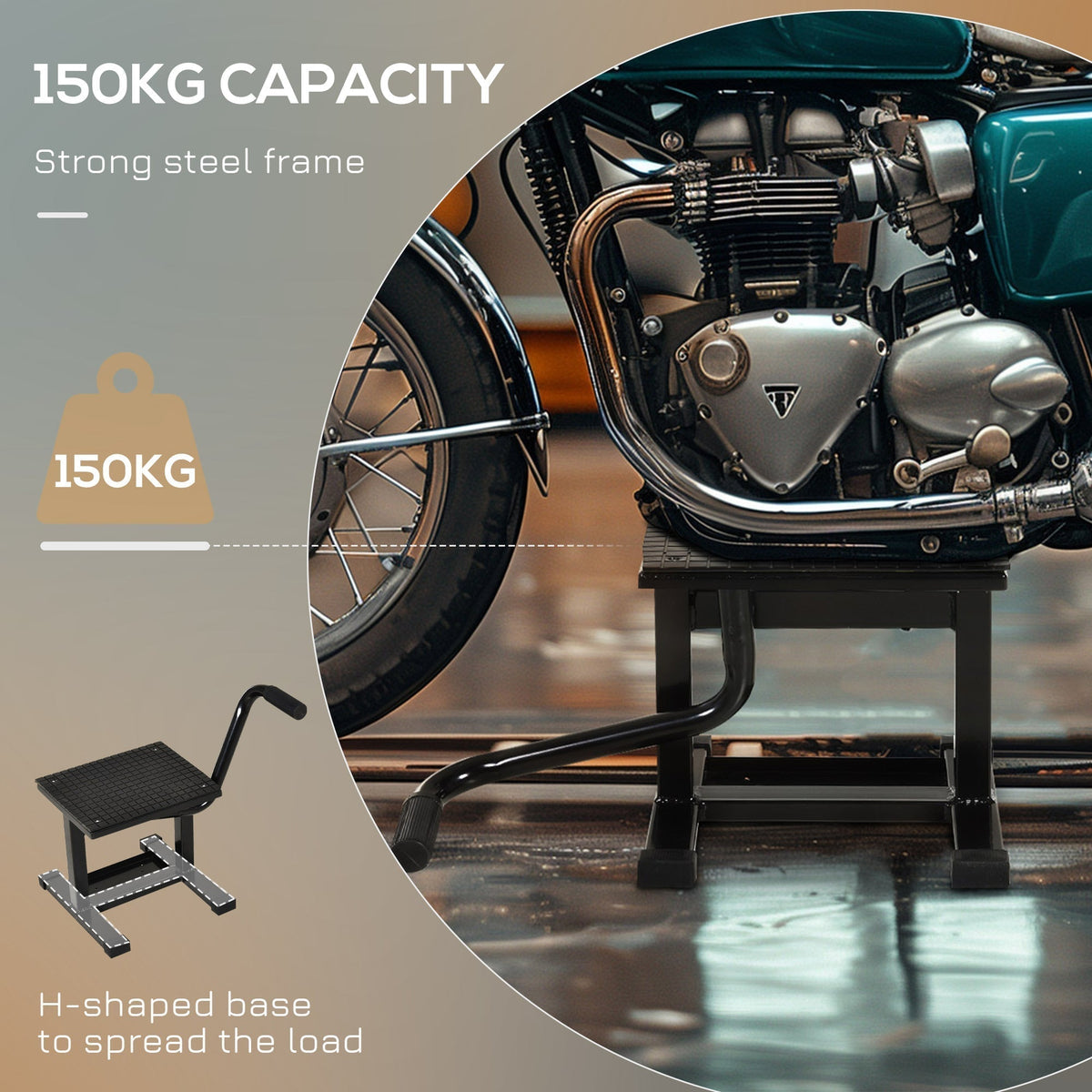 The steel motorbike jack lift with a strong steel frame and a platform for a motorcycle