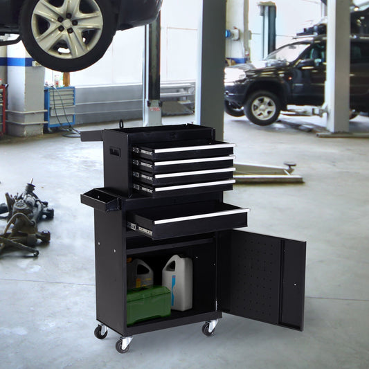 The metal tool cabinet standing in a garage workshop with drawers and door open