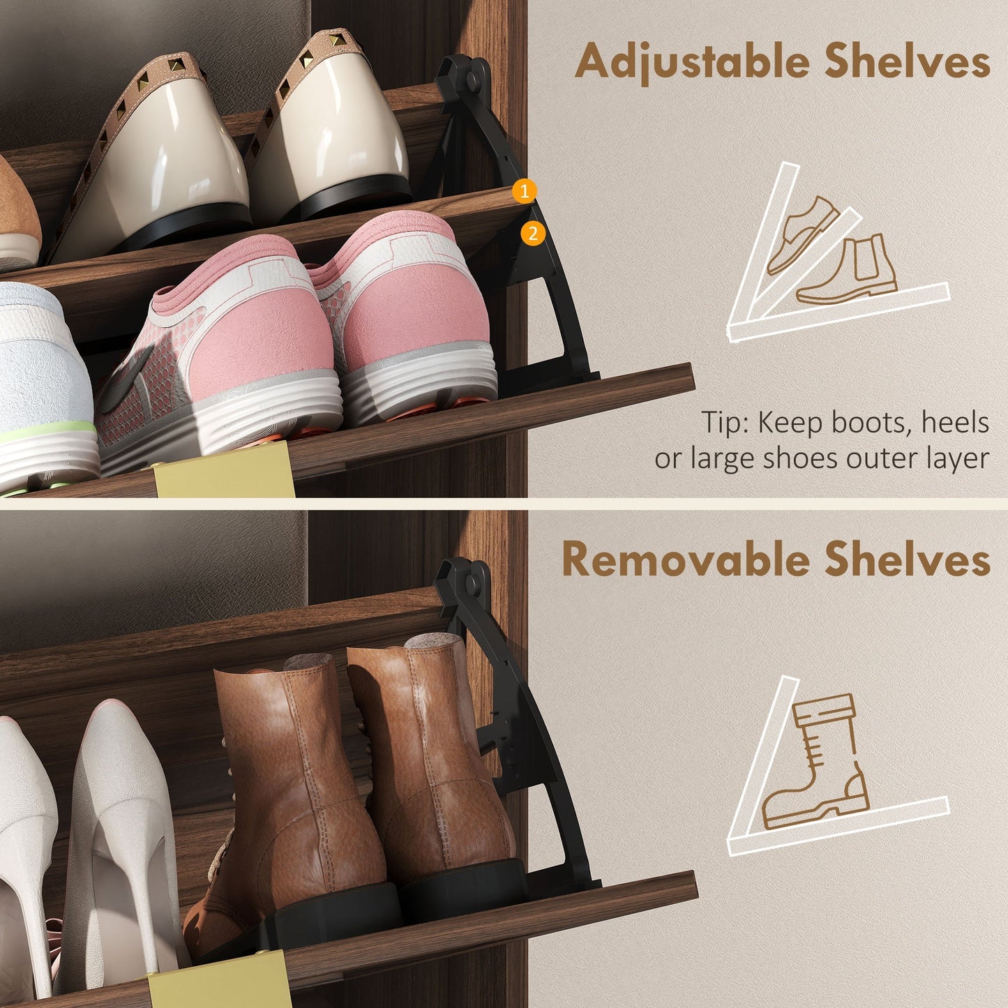 HOMCOM Shoe Cabinet with 2 Flip Drawers, Narrow Shoe Storage Top for Entryway Hallway, Rustic Brown