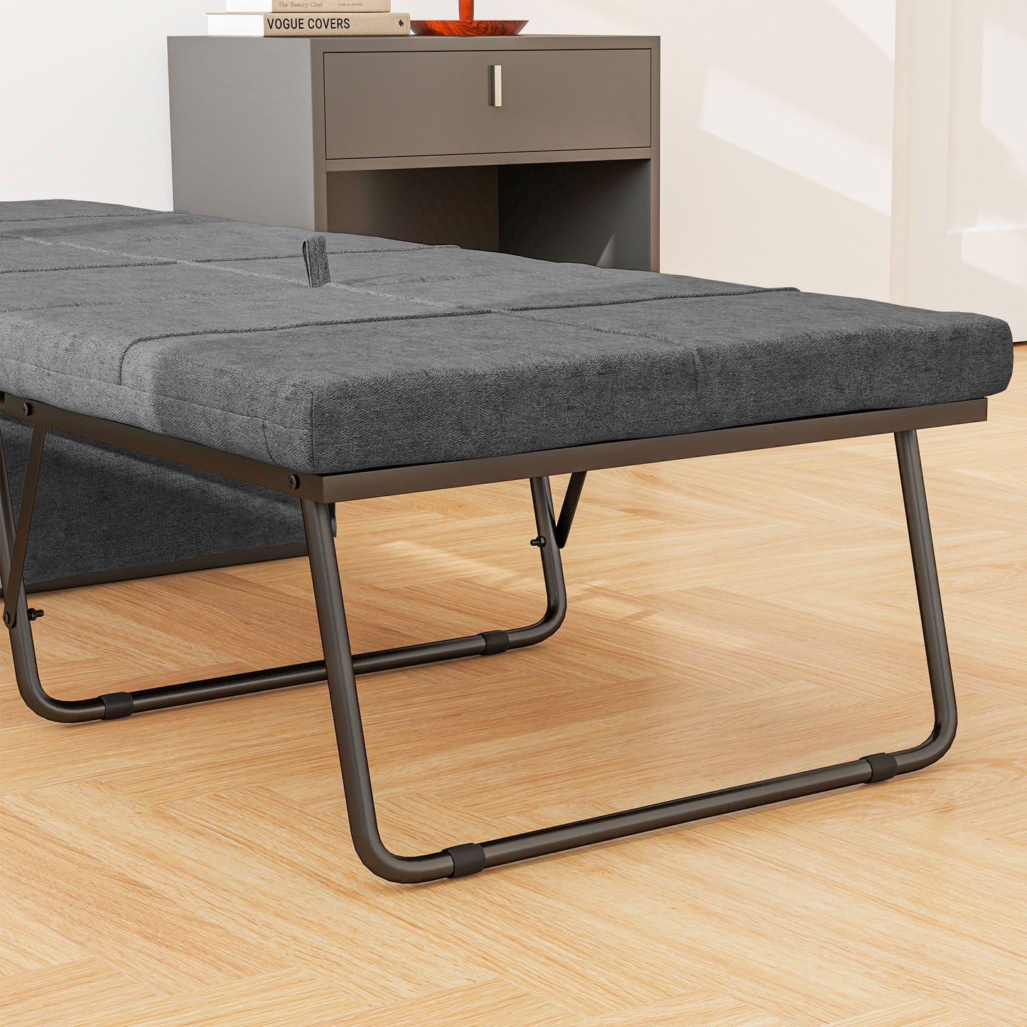 HOMCOM Folding Bed with Linen Sponge Mattress and Dust Cover, Foldable Guest Bed Compact Single Bed with Metal Frame, 69 x 181.5 cm, Grey