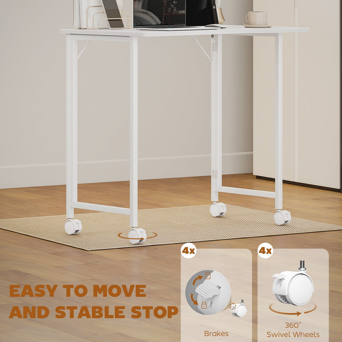 HOMCOM Small Folding Desk, with Wheels - White Wood-Effect