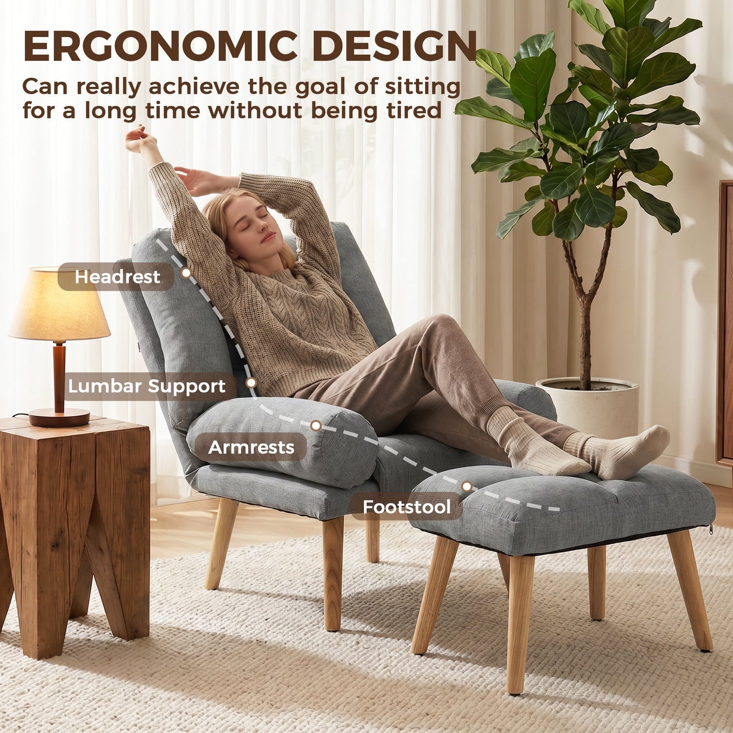 HOMCOM Recliner Chair with Footstool, Recliner Armchair with Adjustable Backrest, Thick Cushion and Wooden Legs, Grey
