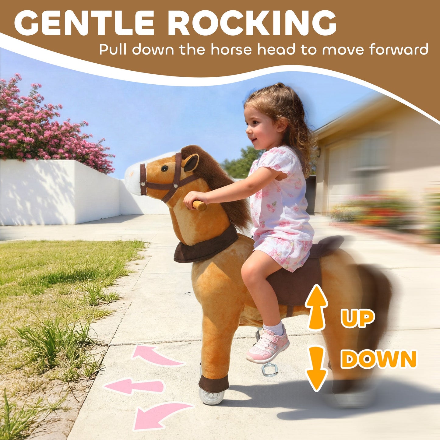 AIYAPLAY Ride On Horse, Plush Walking Horse Toy with Wheels and Saddle for Ages 3-5 Years Old, Brown