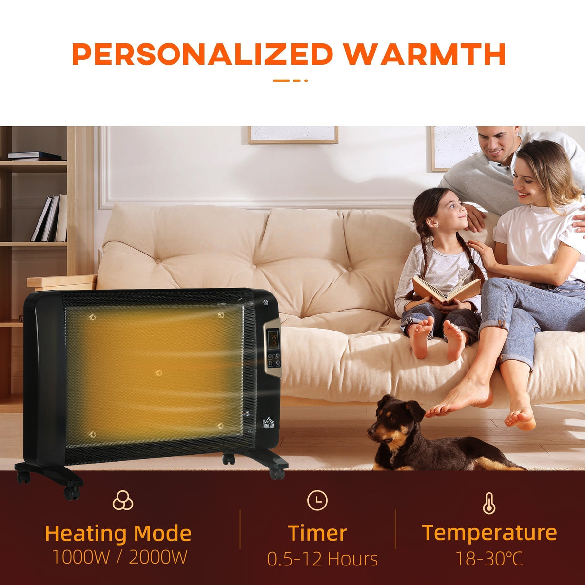 HOMCOM Mica Electric Space Heater, Portable Heater for Home with 2 Heat Settings, Living Room, Study, Garage, Adjustable Temperature 18-30°C, 1000W/2000W, Black