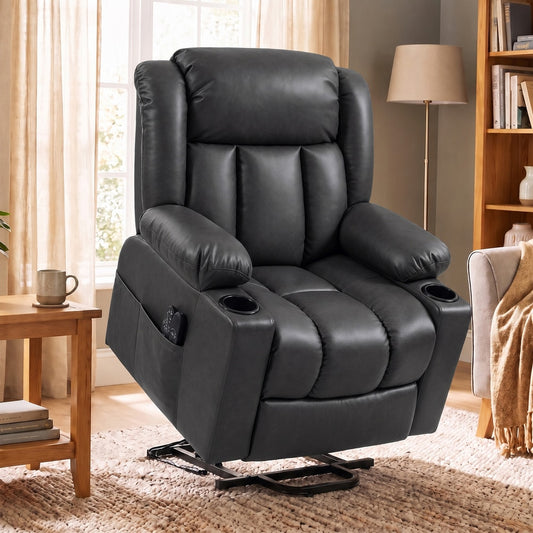 HOMCOM Riser Recliner Chair with Massage and Heat for Elderly, PU Leather Power Electric Lift Armchair, Cup Holders, Dark Grey