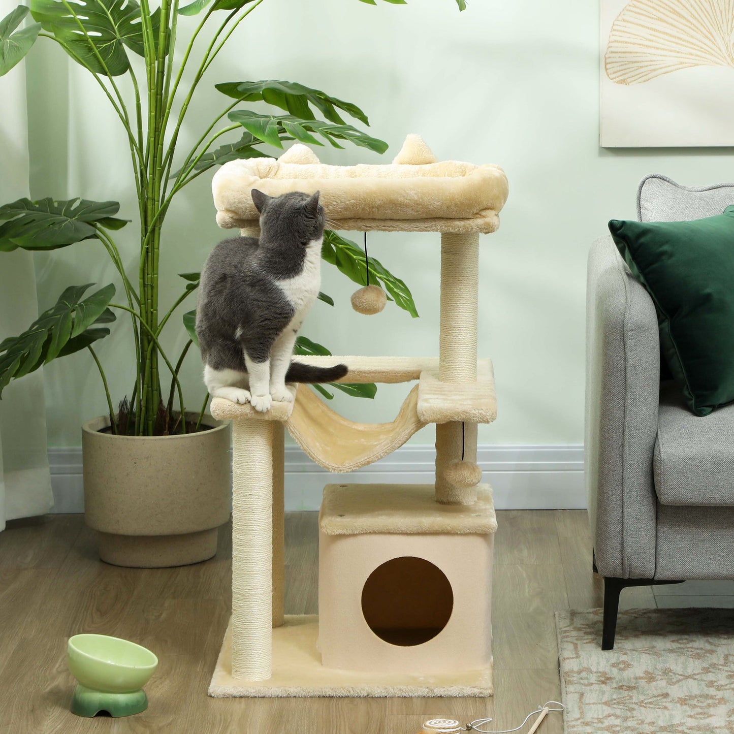 PawHut Cat Tree, 90cm Cat Tower with Sisal Scratching Posts, Cat Condo, Hammock, Top Perch and 2 Hanging Toys for Cats, Beige