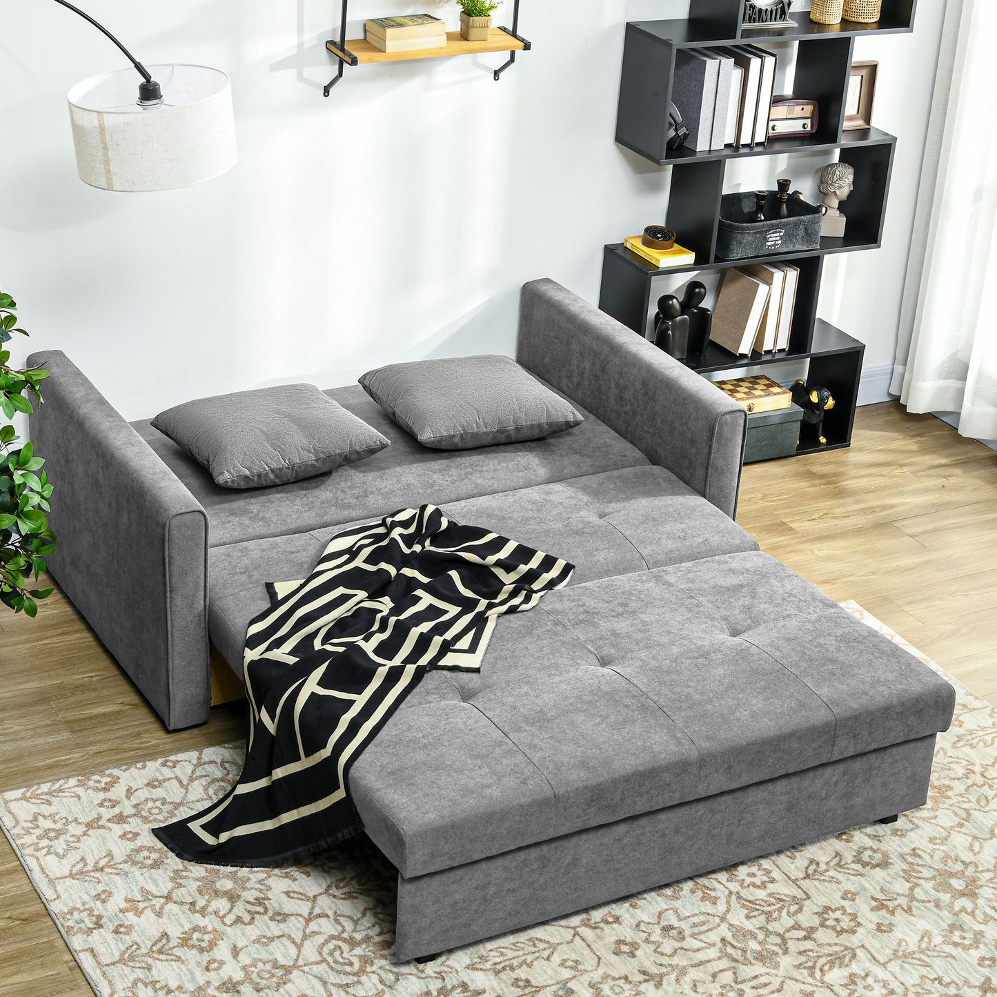 HOMCOM 2 Seater Sofa Bed, Convertible Bed Settee, Modern Velvet Loveseat Sofa Couch with 2 Cushions, Hidden Storage for Living Room, Guest Room, Grey