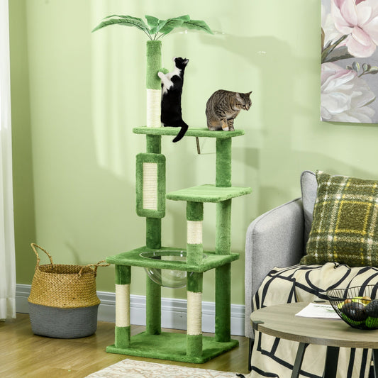 PawHut برج شجرة القطط، بطول 142 سم، مع عمود خدش، أرجوحة، كرة ألعاب، منصات - أخضر