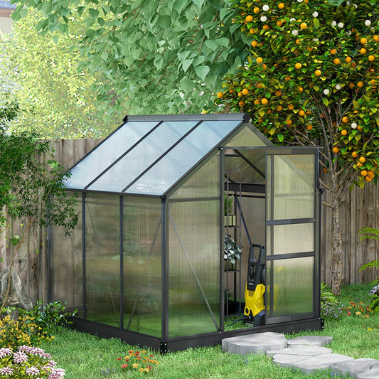 Outsunny دفيئة بولي كربونات 6 × 6 قدم، دفيئة كبيرة بباب منزلق ونافذة، منزل زراعة نباتات الحديقة بإطار من الألومنيوم وأساس، رمادي