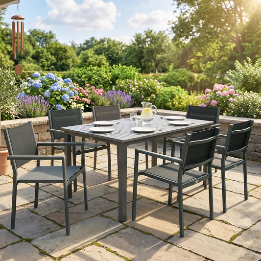 Outsunny Garden Dining Set with Acacia Wood Table Top, Outdoor Table and Stackable Chairs Set for 6 with Texteline Seat, for Patio, Conservatory, Terrace, Grey