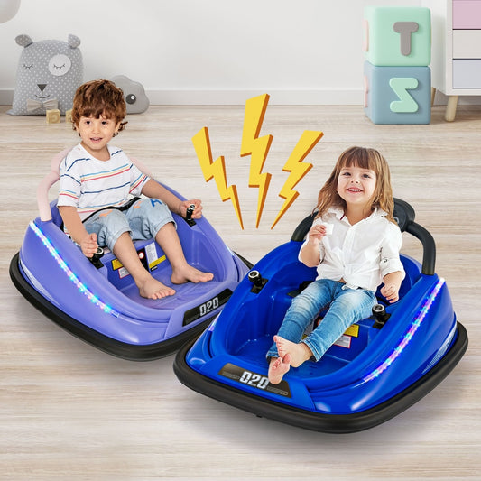 Two children sitting in blue kids electric cars on a wooden floor in a bright playroom