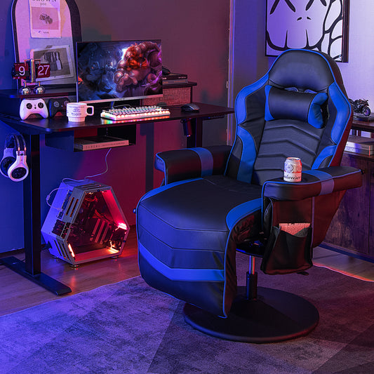 The gaming chair positioned in a dark room with a computer desk and colourful ambient lighting