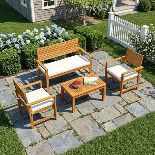 The garden furniture set arranged on a stone patio in a lush green garden