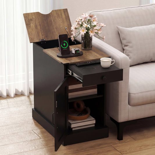 The nightstand with the top lid open and the drawer pulled out to reveal storage space