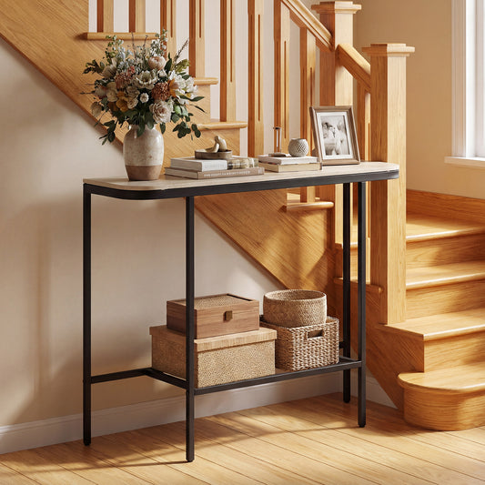 Console table with faux marble top and metal frame in a hallway setting