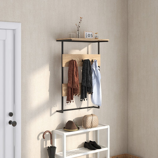 The coat rack in a hallway, holding scarves and hats above a shoe rack