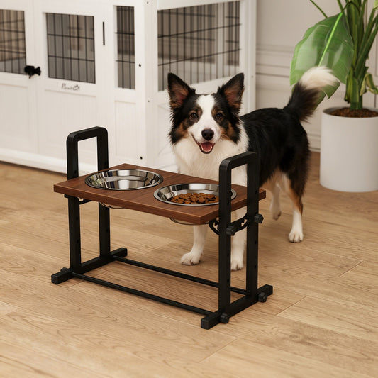 PawHut Raised Dog Bowls with Stand, 4 Heights Adjustable Pet Feeder with 3 Adjustable Angles for Small, Medium & Large Breeds, Brown
