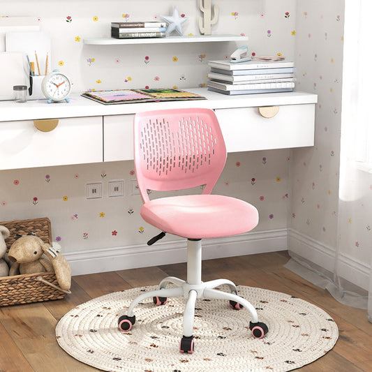 Pink kids study chair with adjustable height, placed on a rug next to a desk