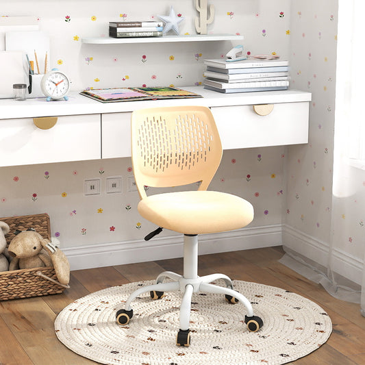 The yellow kids chair with adjustable height is placed next to a white desk in a child's room