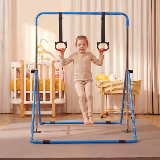 The navy gymnastic bar with a child hanging from the attached rings in a bedroom setting