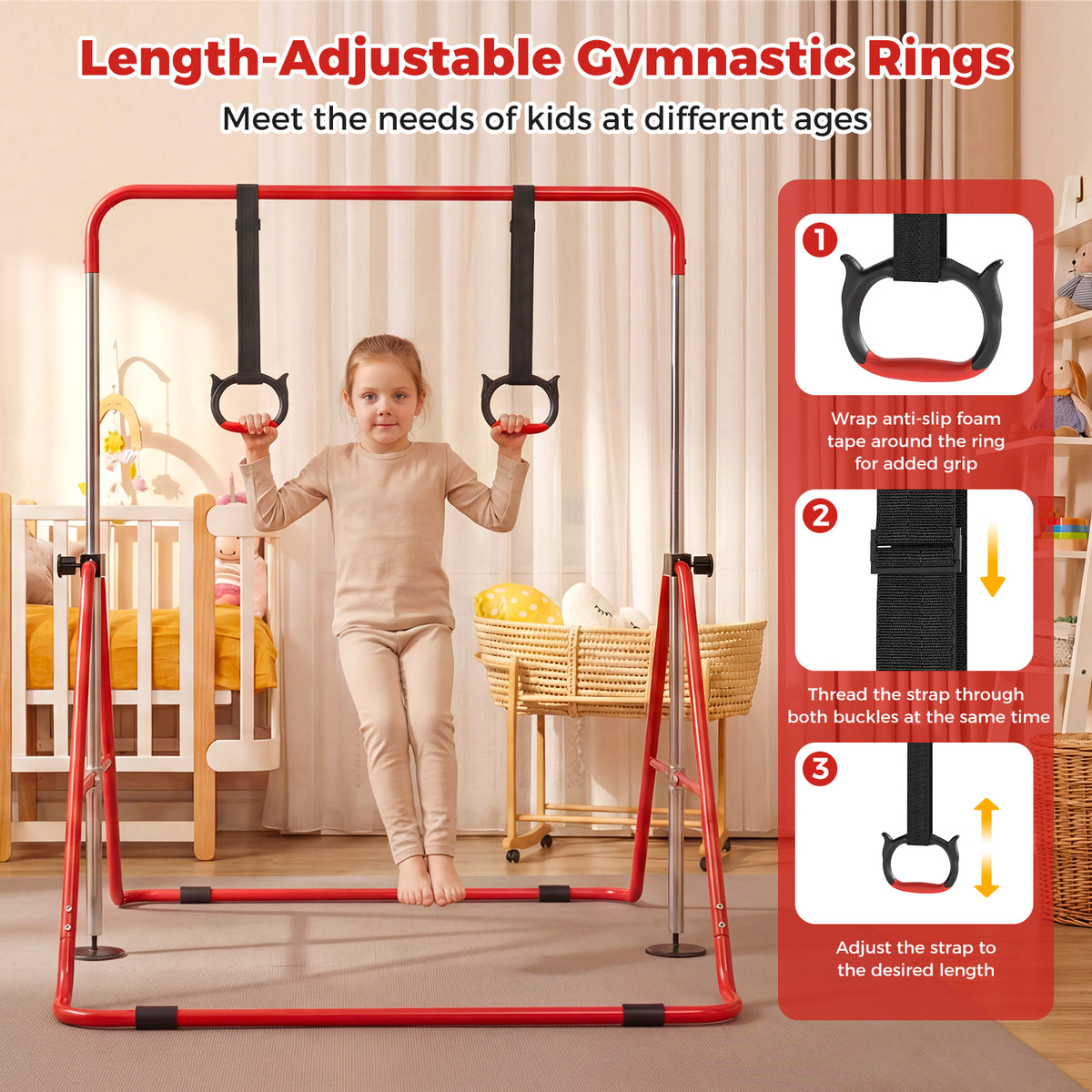Close up of adjustable gymnastics rings and how to adjust them