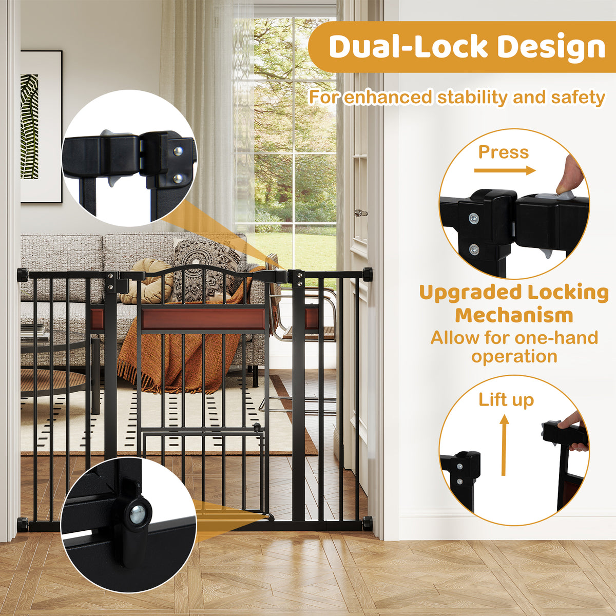 Close up of the dual lock design on the black pet gate