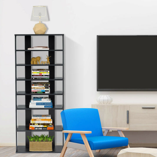 The shoe rack placed in a living room filled with books and decorative items
