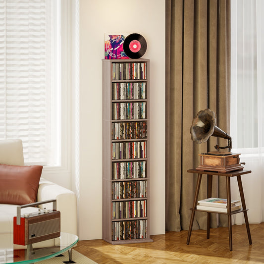 The CD storage unit filled with CDs and a record on top, shown in a living room setting