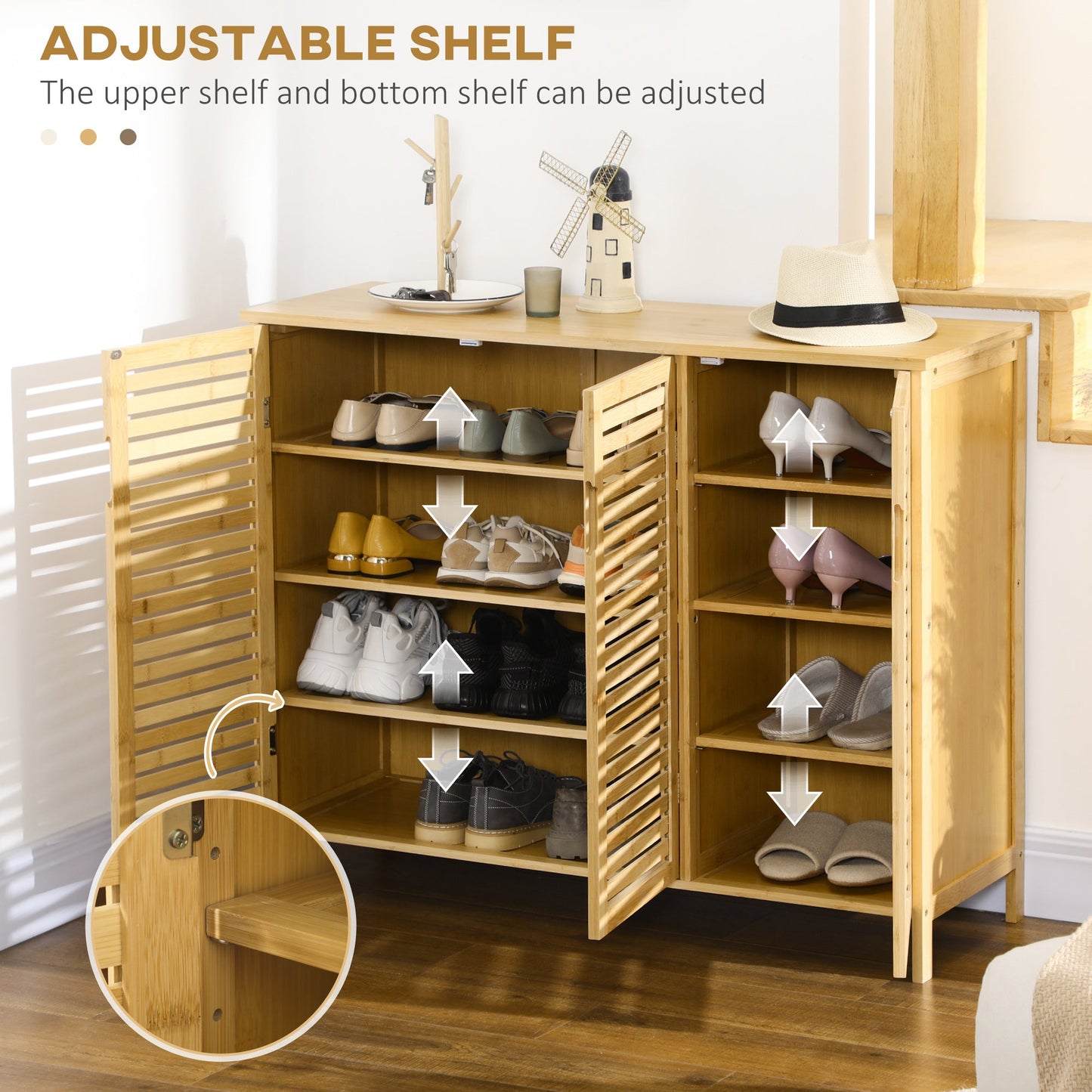 HOMCOM Rustic Shoe Cabinet, 3 Door Shoe Storage Cabinet with 8 Shelves, Natural Wood Finish