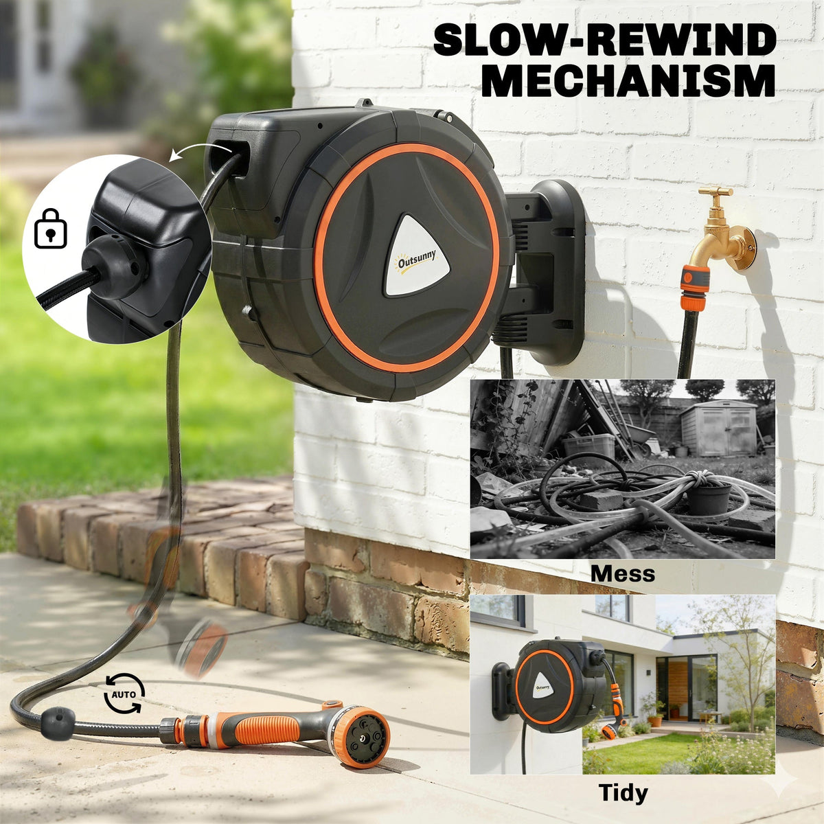 Outsunny 28+2m Retractable Hose Reel Wall Mounted with Auto Retraction, Self-Locking, Slow Return System, 12-Pattern Nozzles
